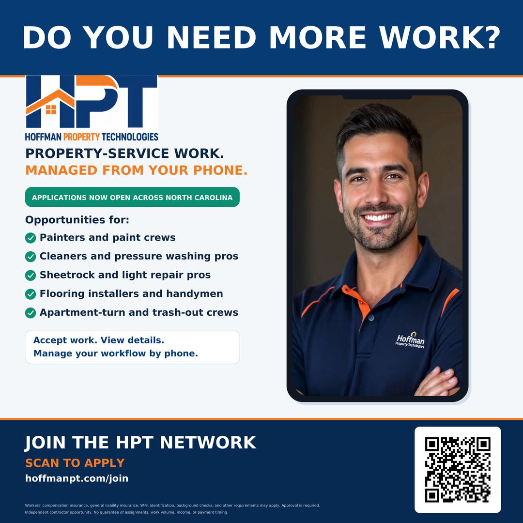 HPT's DO YOU NEED MORE WORK? poster showing a Service Professional on a phone, trades sought and a QR code for the HPT joining page